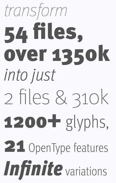 FF Meta font statistics highlighting how 2 variable font files replace 54 static font files