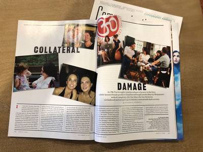 Article title page from a magazine spread with the title interspersed between photos arranged to look like they're stuck to a bulletin board