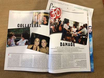 Article title page from a magazine spread with the title interspersed between photos arranged to look like they're stuck to a bulletin board