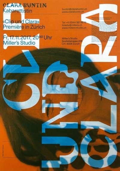 A poster for Clara Buntin with layered typography and image