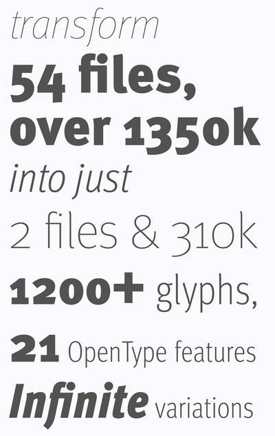 FF Meta font statistics highlighting how 2 variable font files replace 54 static font files