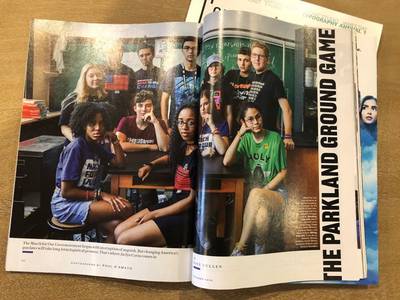 Article title page from a magazine spread with the title vertically up the right side